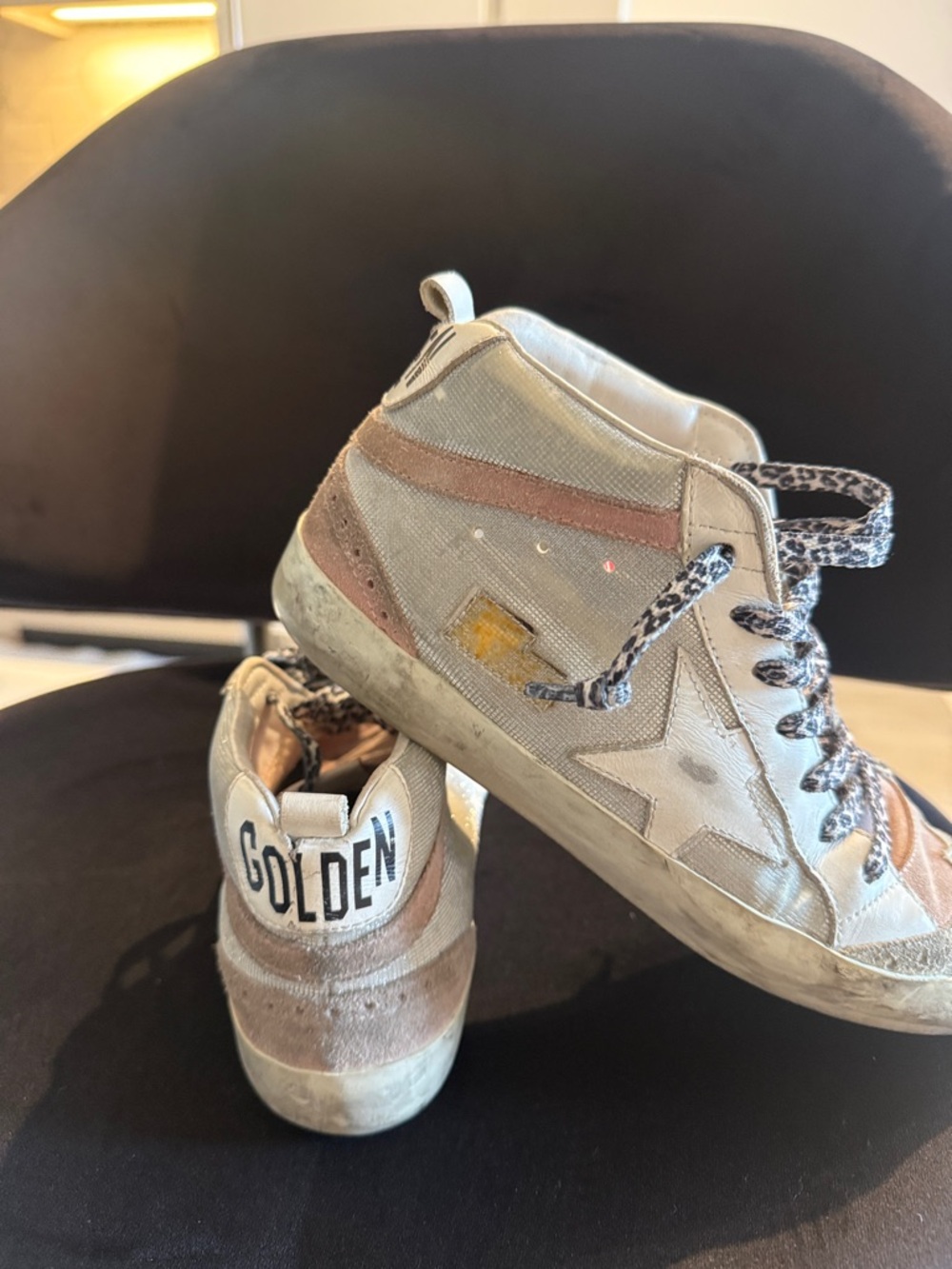 Golden Goose White and Black Leopard-Print High-Top Sneakers